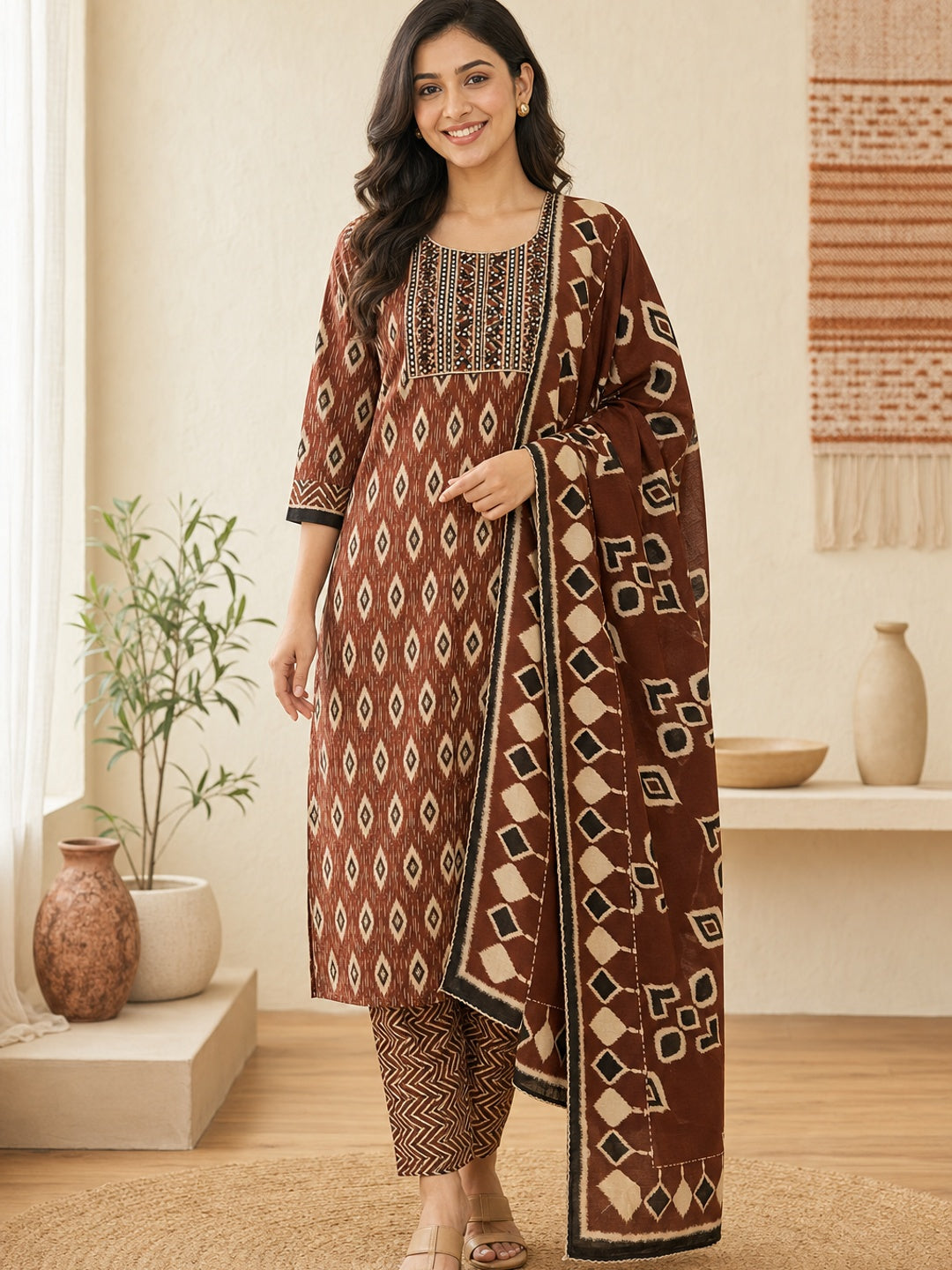 Brown Pure Cotton Ikat Printed Salwar Suit Set - Image 1