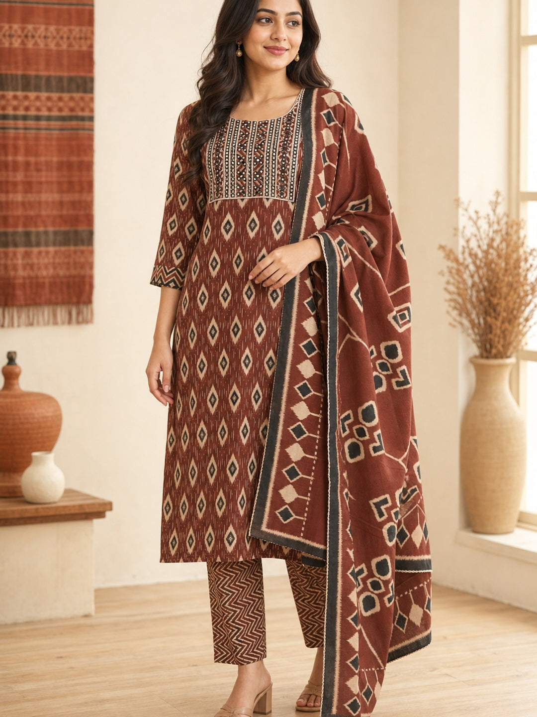 Brown Pure Cotton Ikat Printed Salwar Suit Set - Image 3