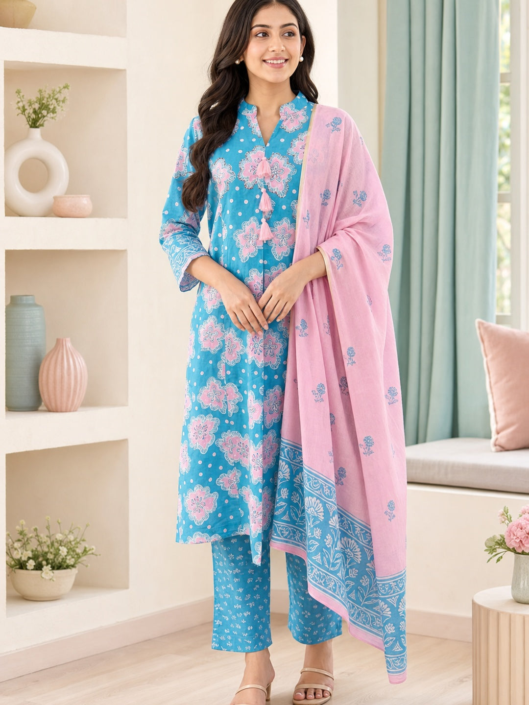 Rama Blue Pure Cotton Floral Printed Salwar Suit Set - Image 1