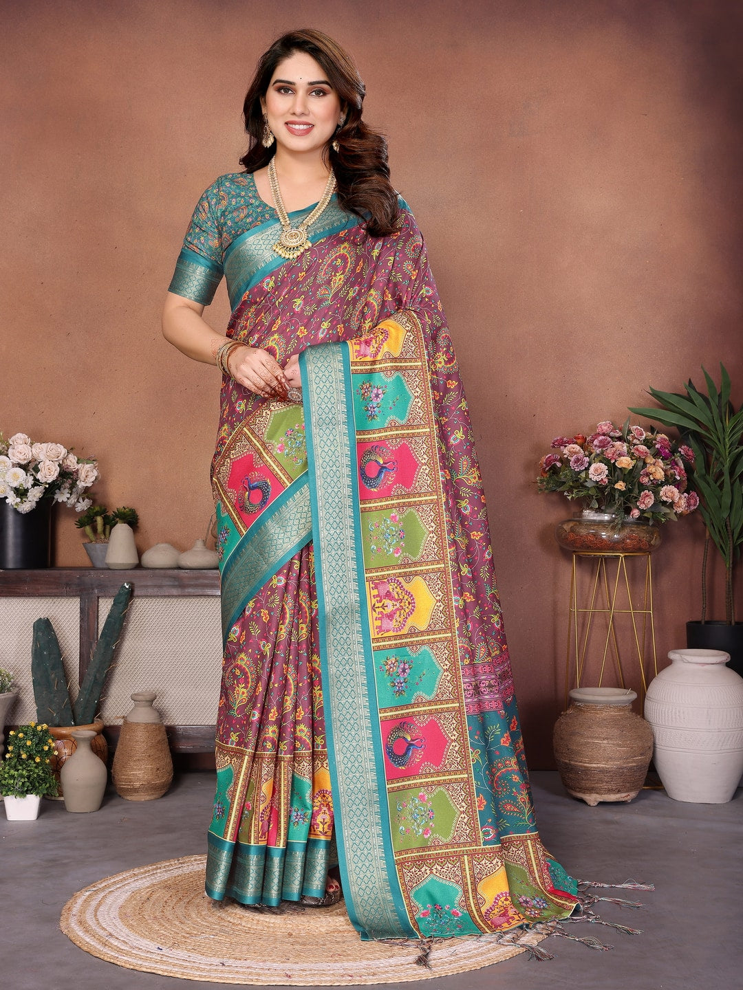 Rama Blue Cotton Silk Digital Print Saree with Zari Border - Image 1