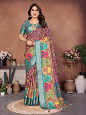 Rama Blue Cotton Silk Digital Print Saree with Zari Border - Image 1