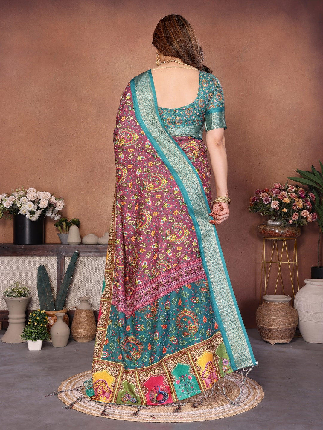 Rama Blue Cotton Silk Digital Print Saree with Zari Border - Image 3