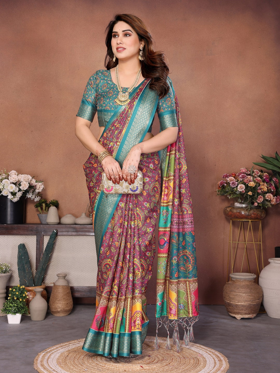 Rama Blue Cotton Silk Digital Print Saree with Zari Border - Image 4