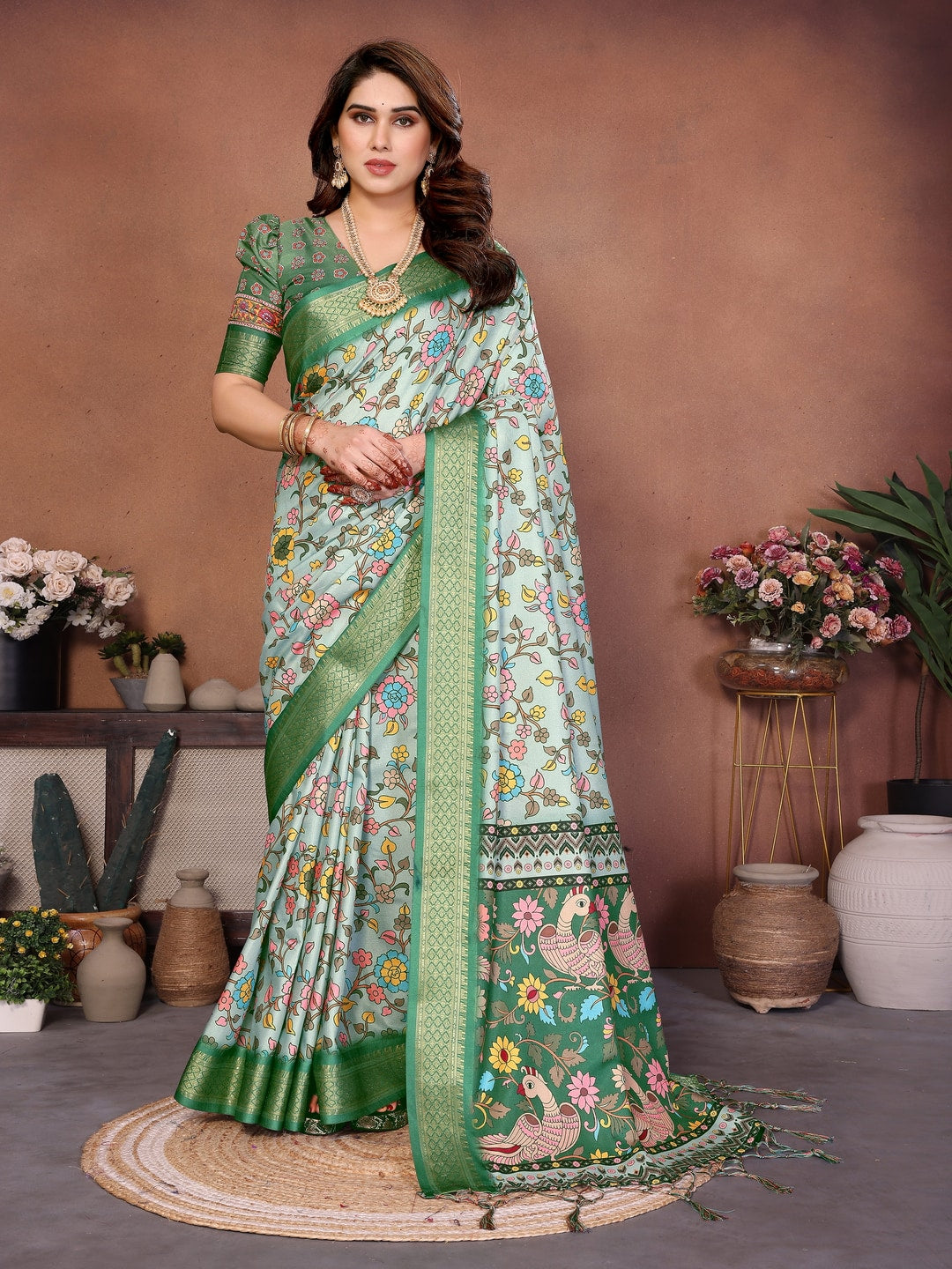 Green Cotton Silk Digital Print Saree with Zari Border - Image 1