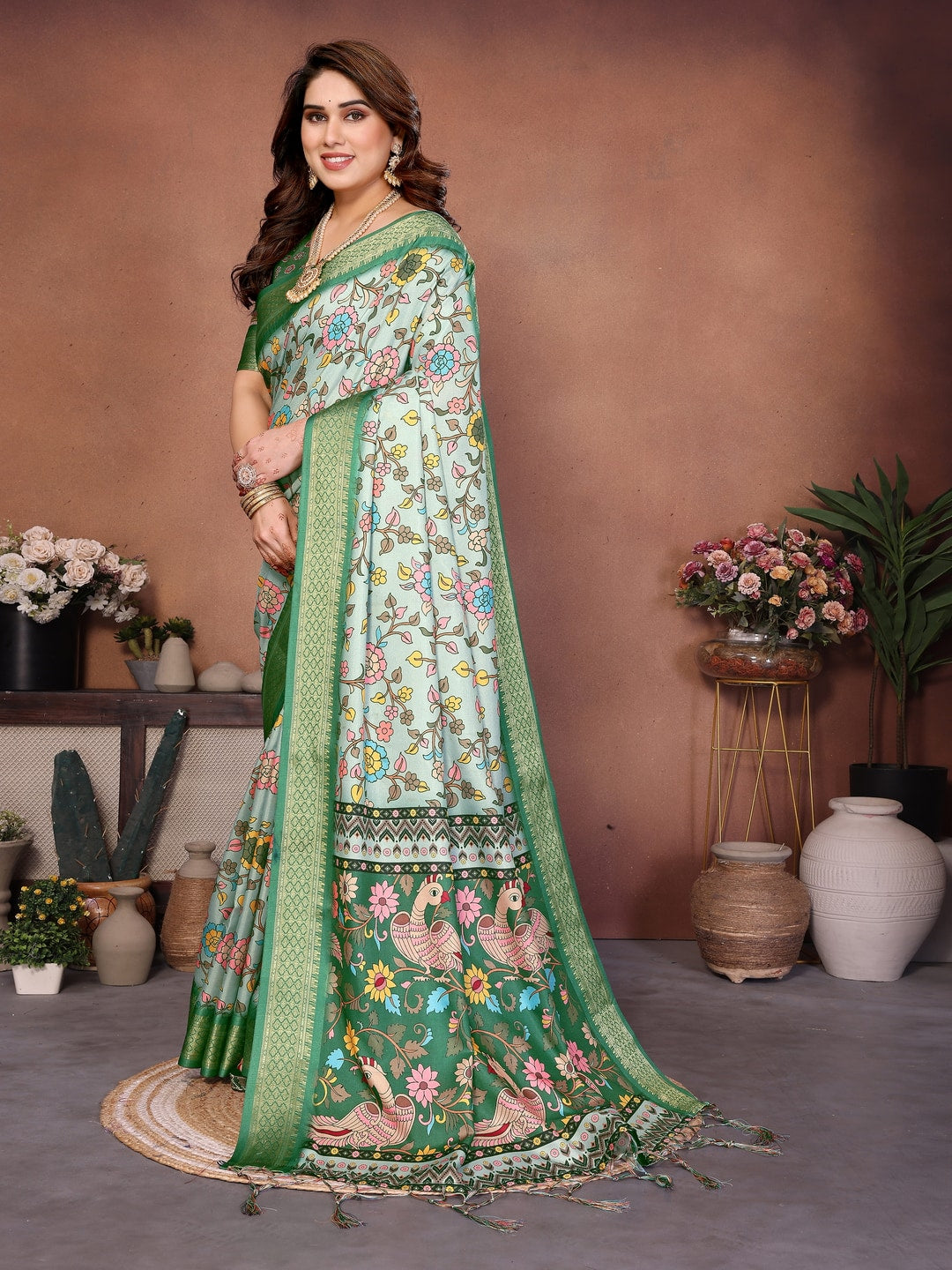 Green Cotton Silk Digital Print Saree with Zari Border - Image 2