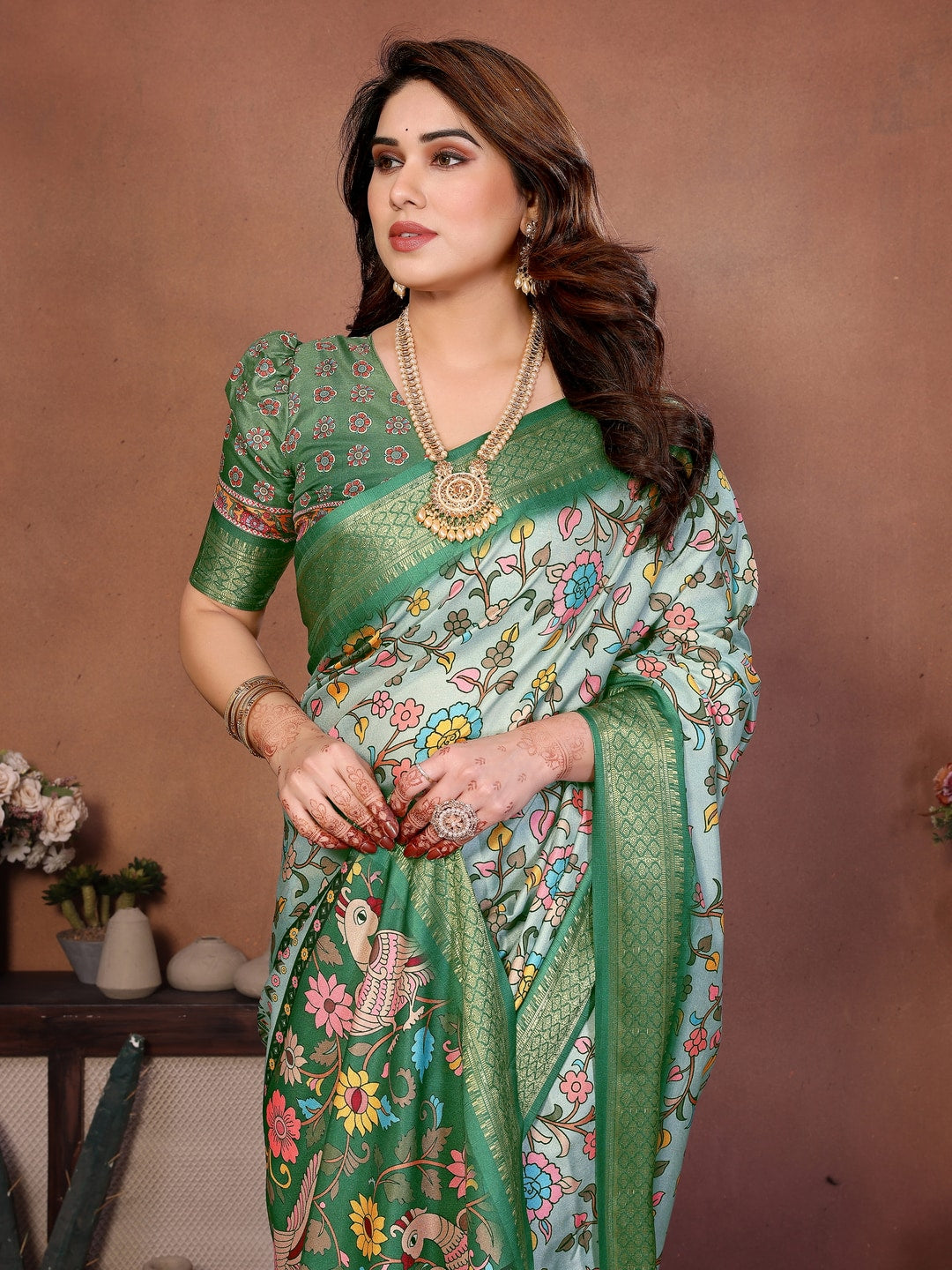 Green Cotton Silk Digital Print Saree with Zari Border - Image 4