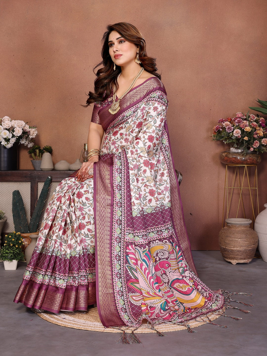 Wine Cotton Silk Digital Print Saree with Zari Border - Image 1