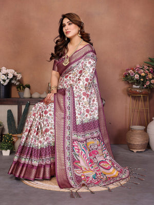 Wine Cotton Silk Digital Print Saree with Zari Border - Image 1