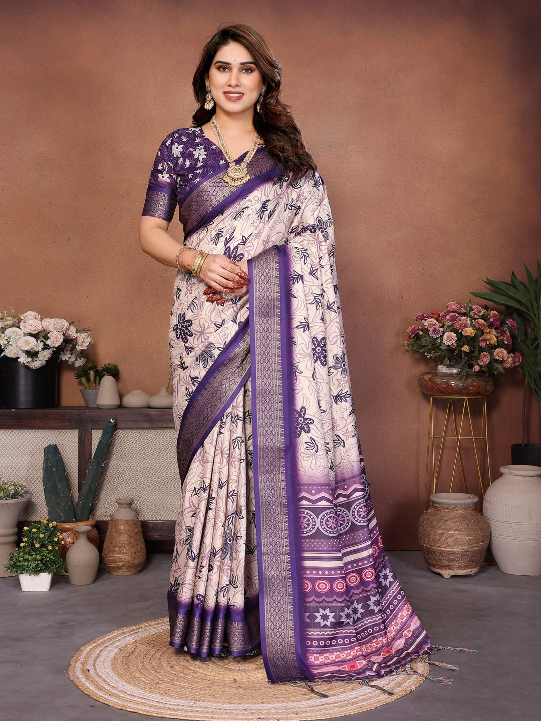 Purple Cotton Silk Digital Print Saree with Zari Border - Image 1