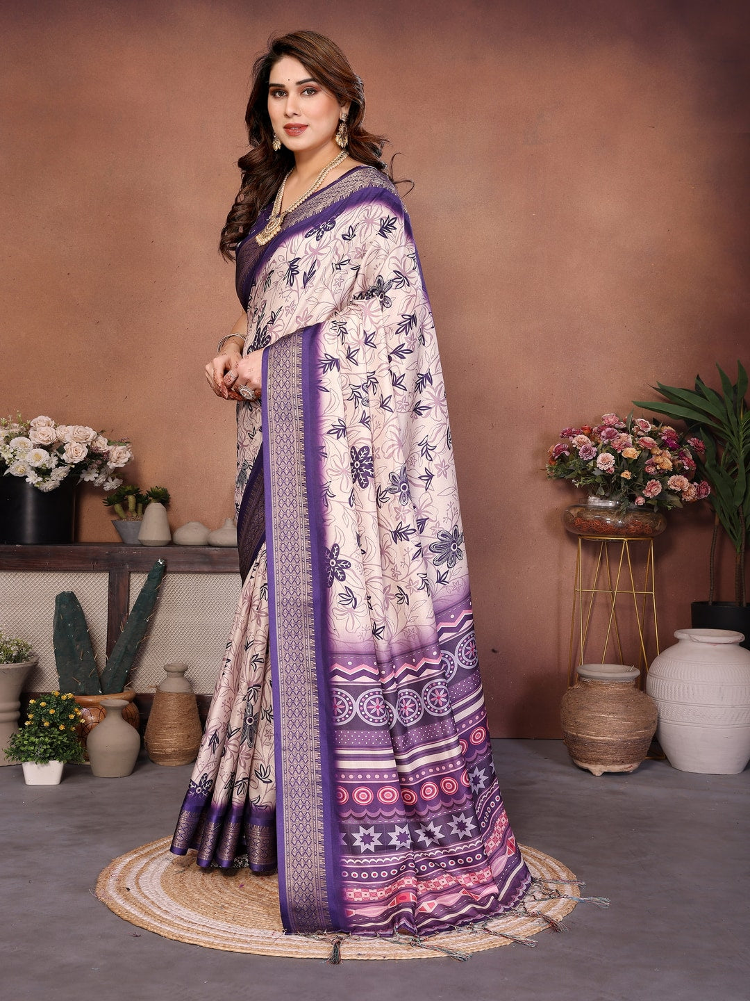 Purple Cotton Silk Digital Print Saree with Zari Border - Image 2