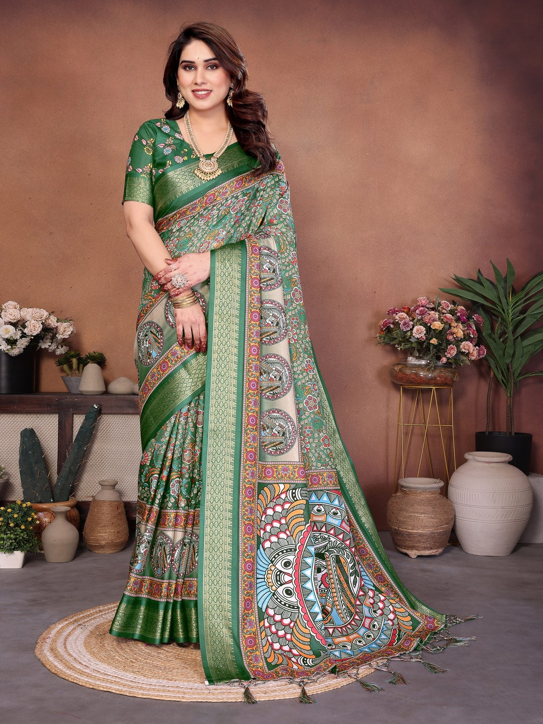 Green Cotton Silk Digital Print Saree with Zari Border - Image 1