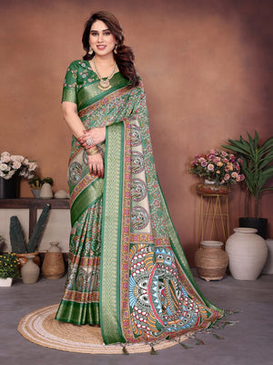 Green Cotton Silk Digital Print Saree with Zari Border - Image 1