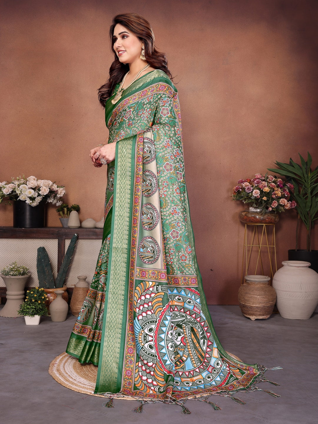 Green Cotton Silk Digital Print Saree with Zari Border - Image 2