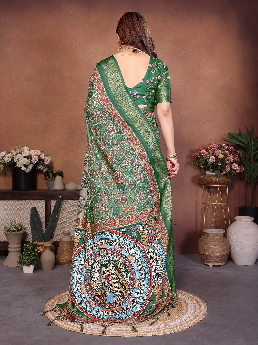 Green Cotton Silk Digital Print Saree with Zari Border - Image 3