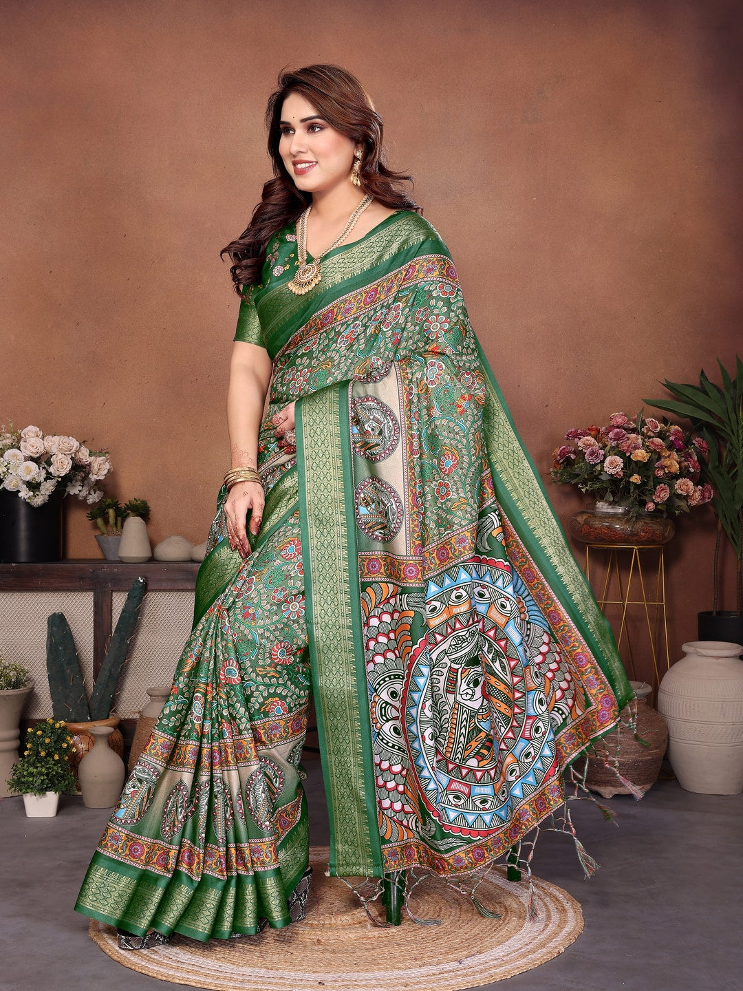 Green Cotton Silk Digital Print Saree with Zari Border - Image 4
