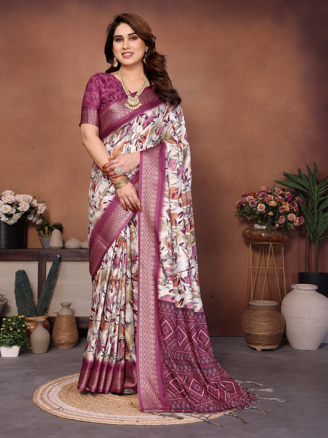 Wine Cotton Silk Digital Print Saree with Zari Border - Image 1