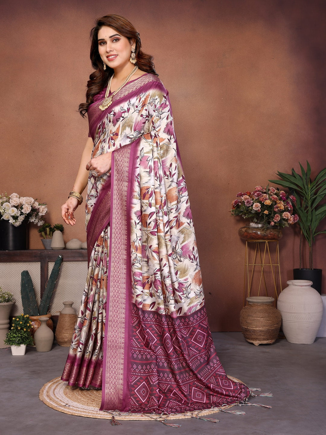 Wine Cotton Silk Digital Print Saree with Zari Border - Image 2