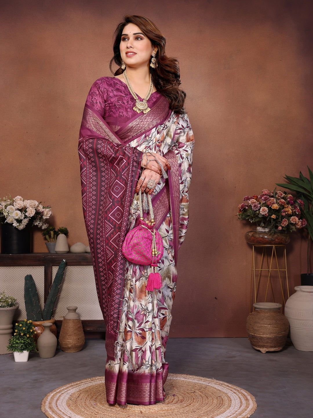 Wine Cotton Silk Digital Print Saree with Zari Border - Image 3