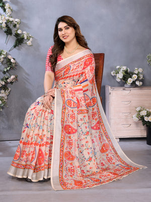 Orange Handloom Linen Cotton Digital Print Saree - Image 1