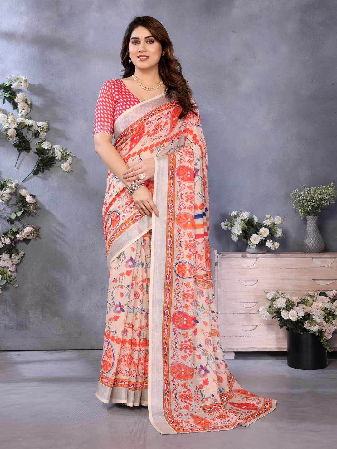Orange Handloom Linen Cotton Digital Print Saree - Image 4