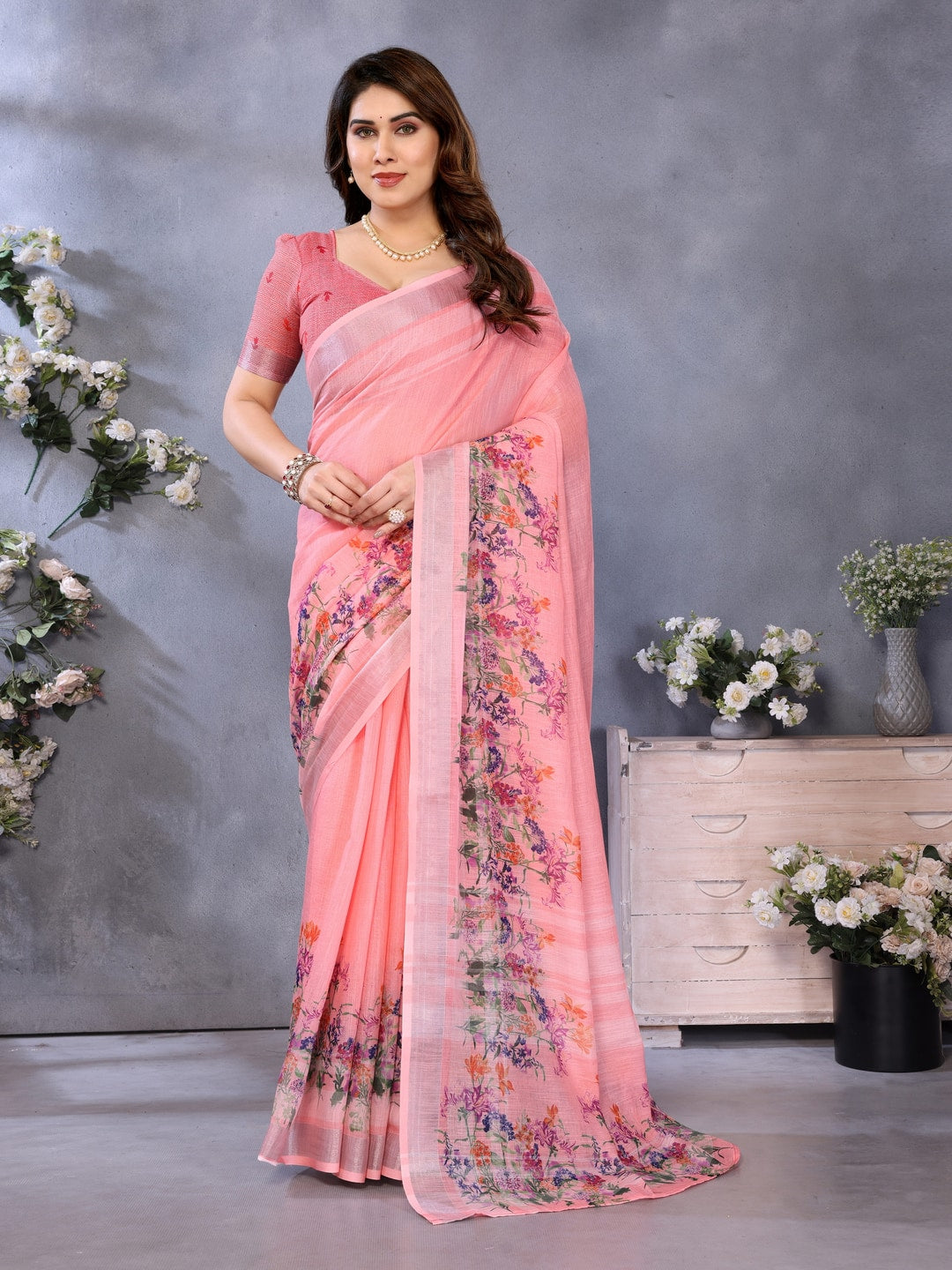 Peach Handloom Linen Cotton Digital Print Saree - Image 1