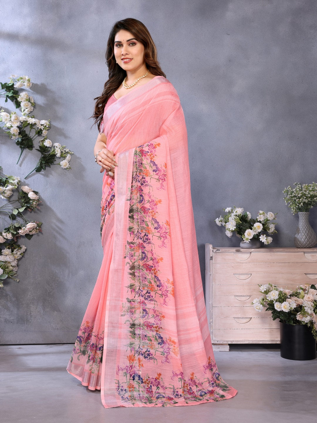 Peach Handloom Linen Cotton Digital Print Saree - Image 2