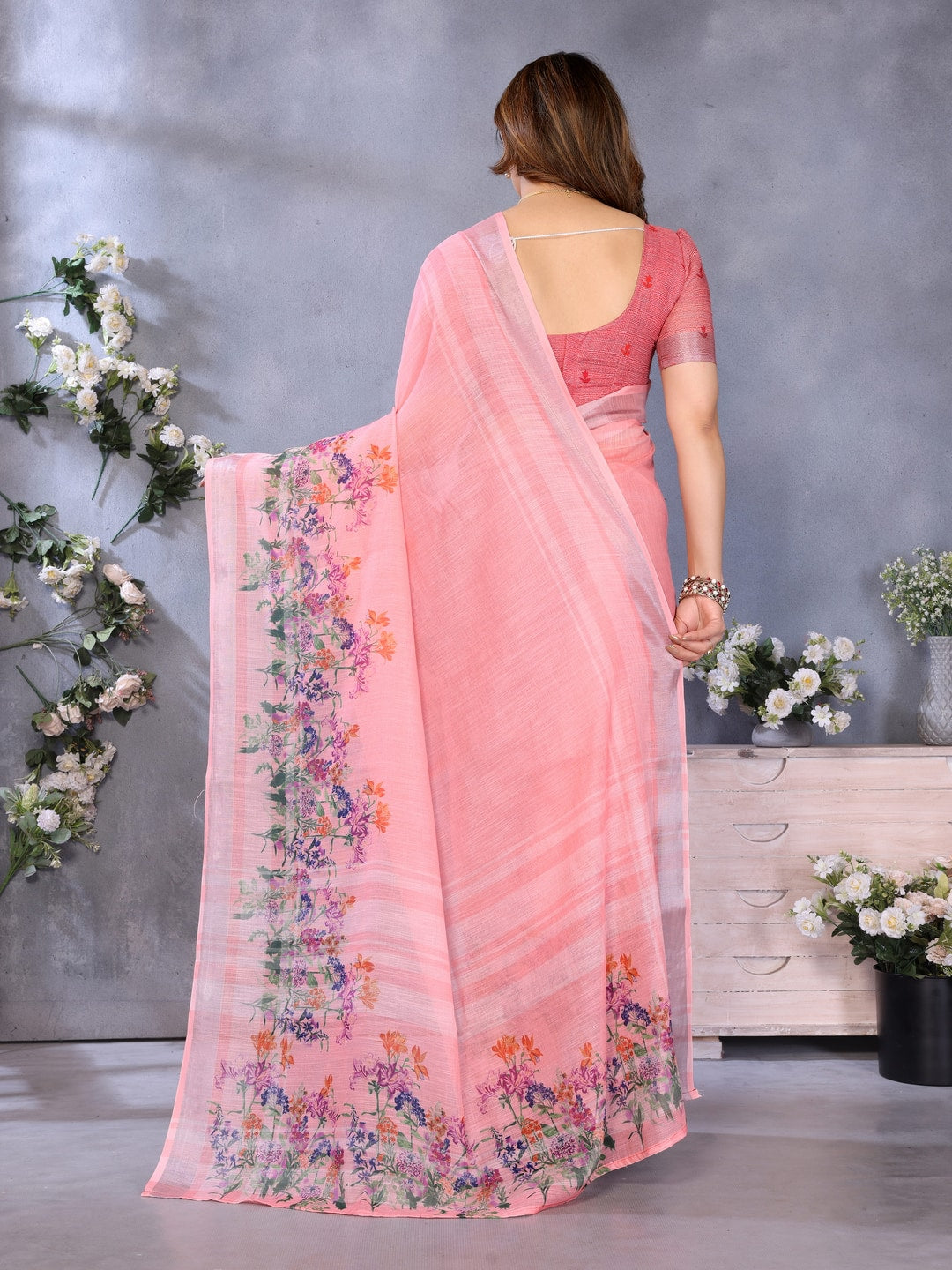 Peach Handloom Linen Cotton Digital Print Saree - Image 3