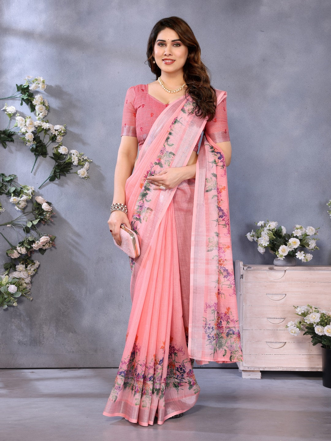 Peach Handloom Linen Cotton Digital Print Saree - Image 4