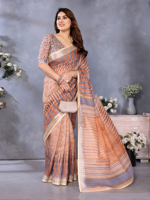 Brown Handloom Linen Cotton Digital Print Saree - Image 1