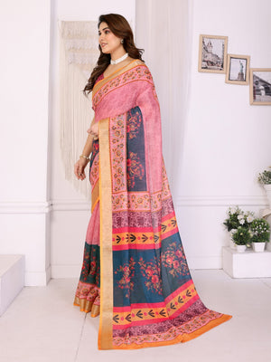 Pink & Teal Handloom Linen Cotton Digital Print Saree - Image 2