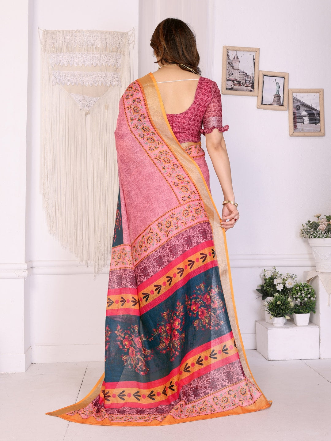 Pink & Teal Handloom Linen Cotton Digital Print Saree - Image 3