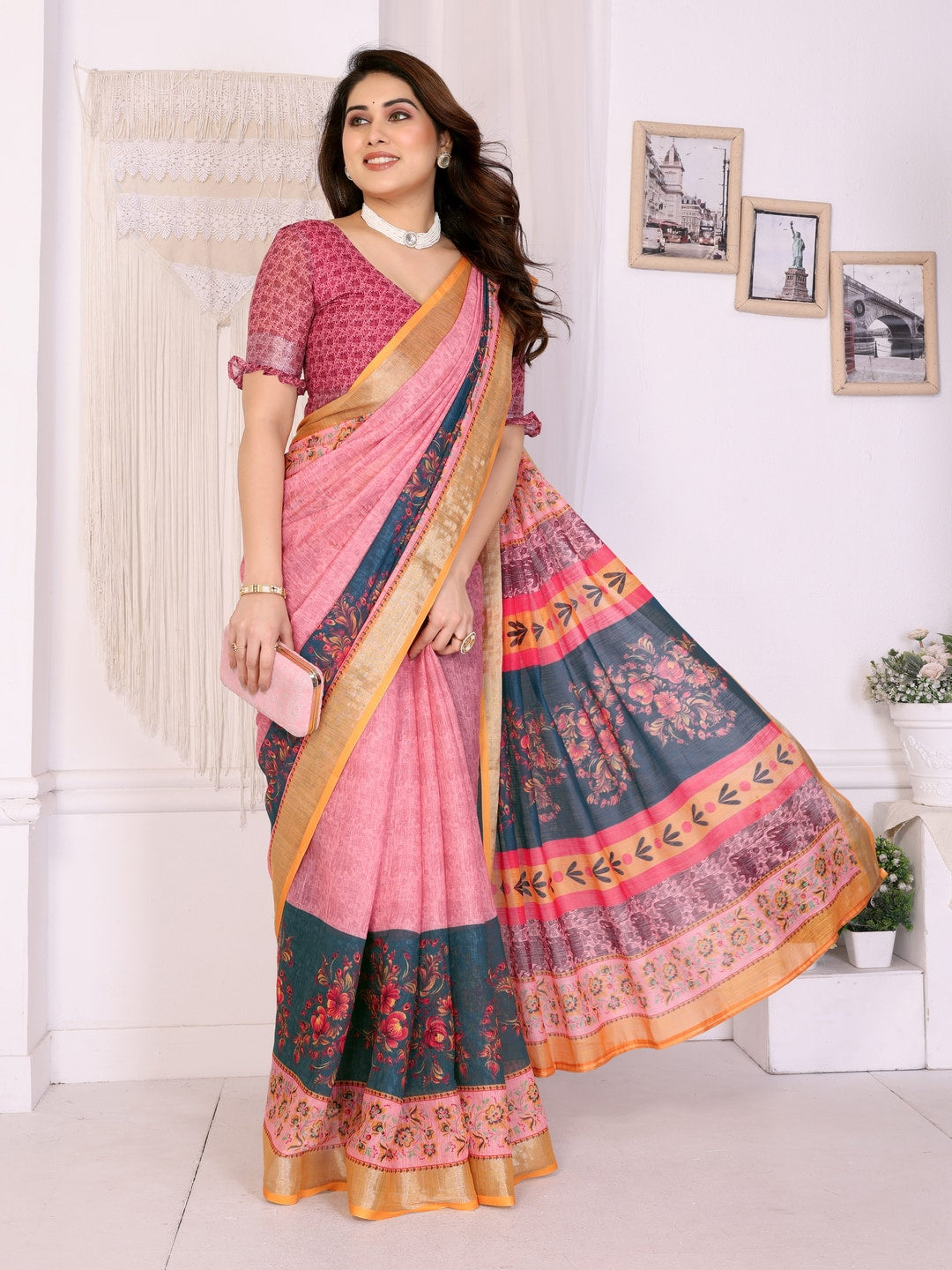 Pink & Teal Handloom Linen Cotton Digital Print Saree - Image 4
