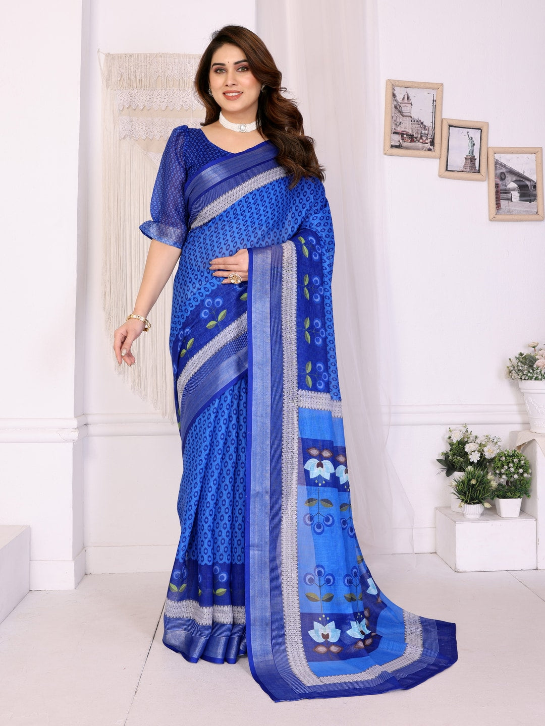 Blue Handloom Linen Cotton Digital Print Saree - Image 1