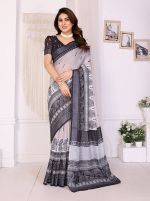 Black Handloom Linen Cotton Digital Print Saree - Image 1