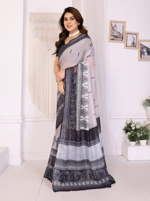 Black Handloom Linen Cotton Digital Print Saree - Image 2