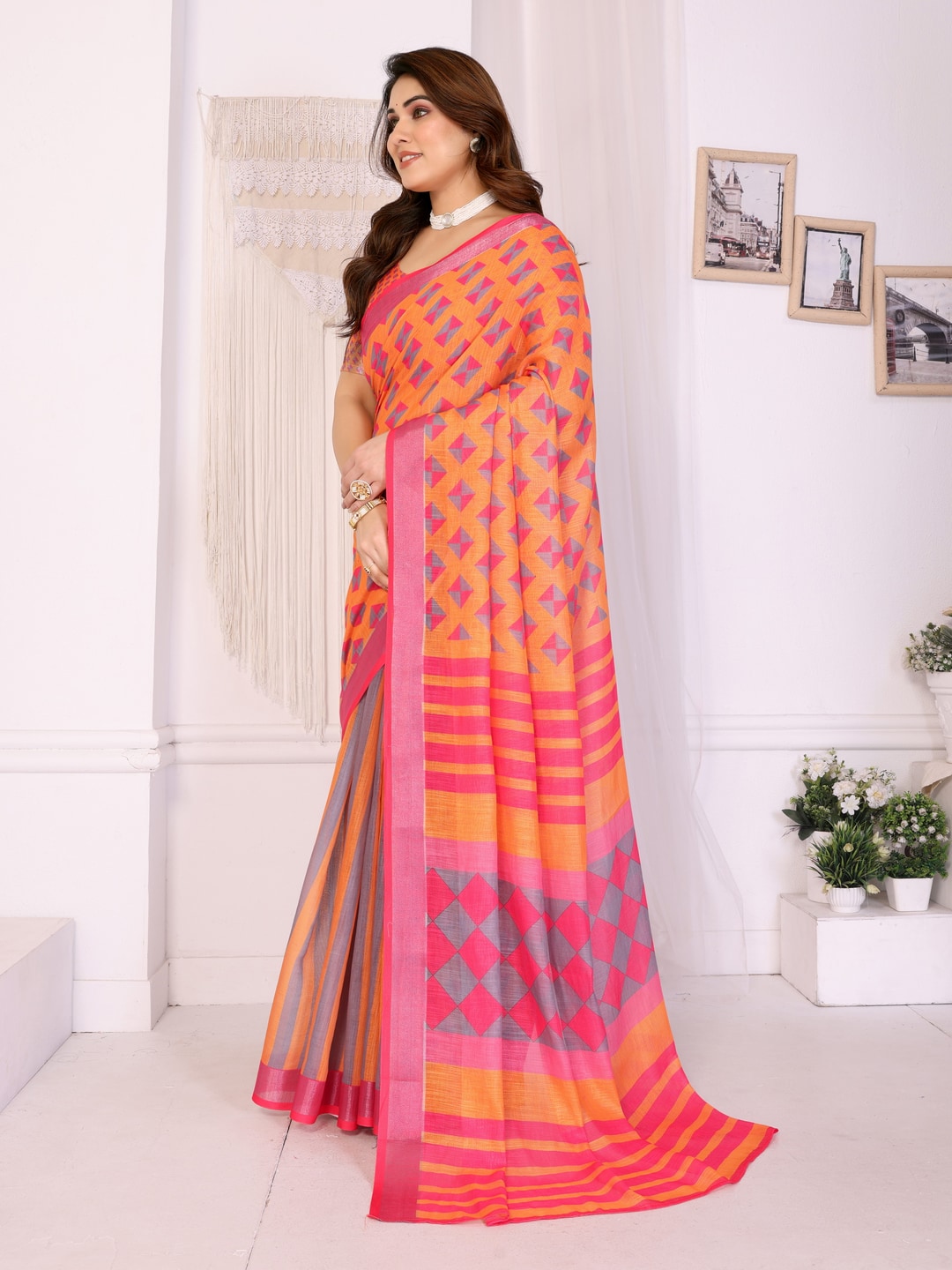 Orange Handloom Linen Cotton Digital Print Saree - Image 2