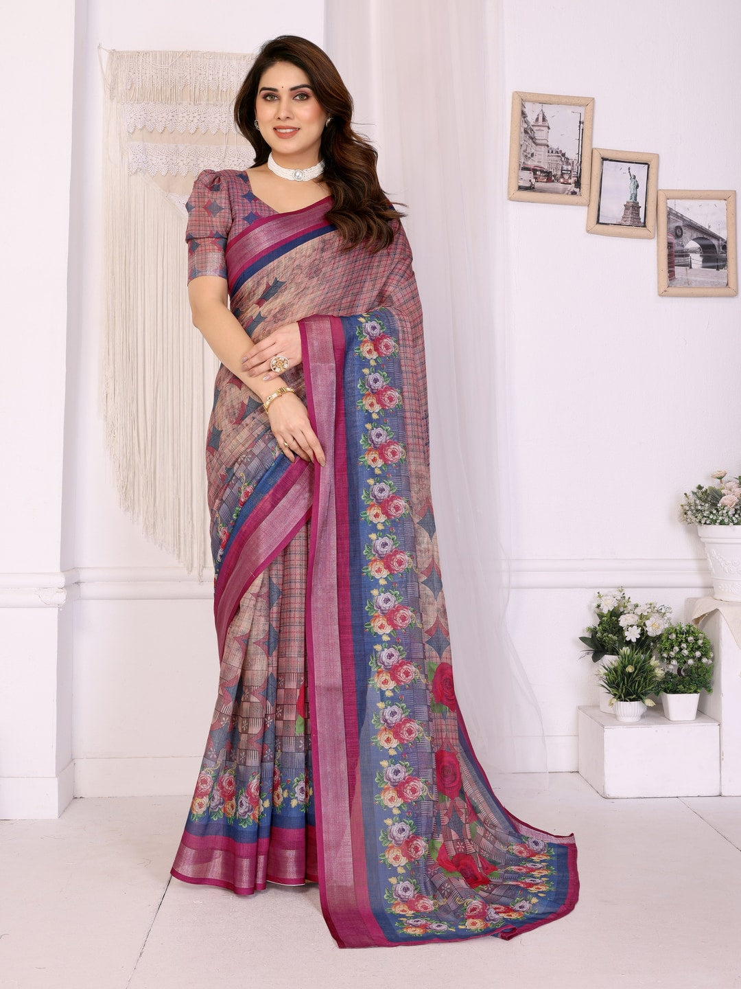 Wine Handloom Linen Cotton Digital Print Saree - Image 1
