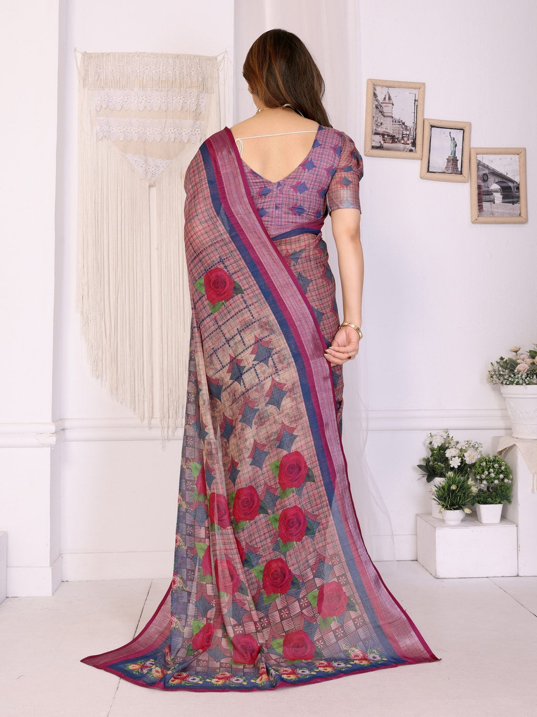 Wine Handloom Linen Cotton Digital Print Saree - Image 3