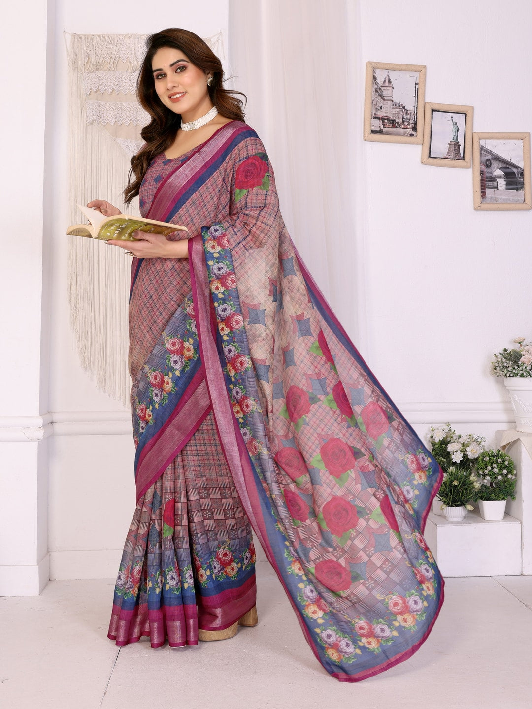Wine Handloom Linen Cotton Digital Print Saree - Image 4