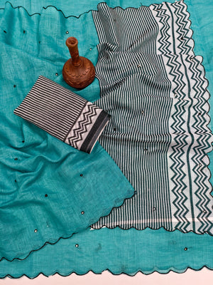 Turquoise Soft Linen Cotton Zigzag Mirror Work Saree - Image 2