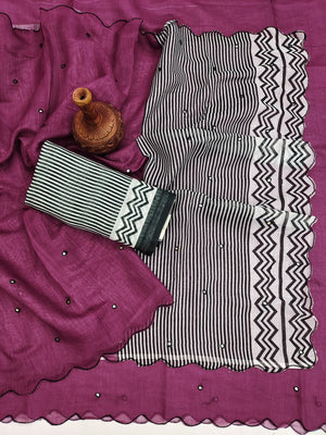 Wine Soft Linen Cotton Zigzag Mirror Work Saree - Image 2