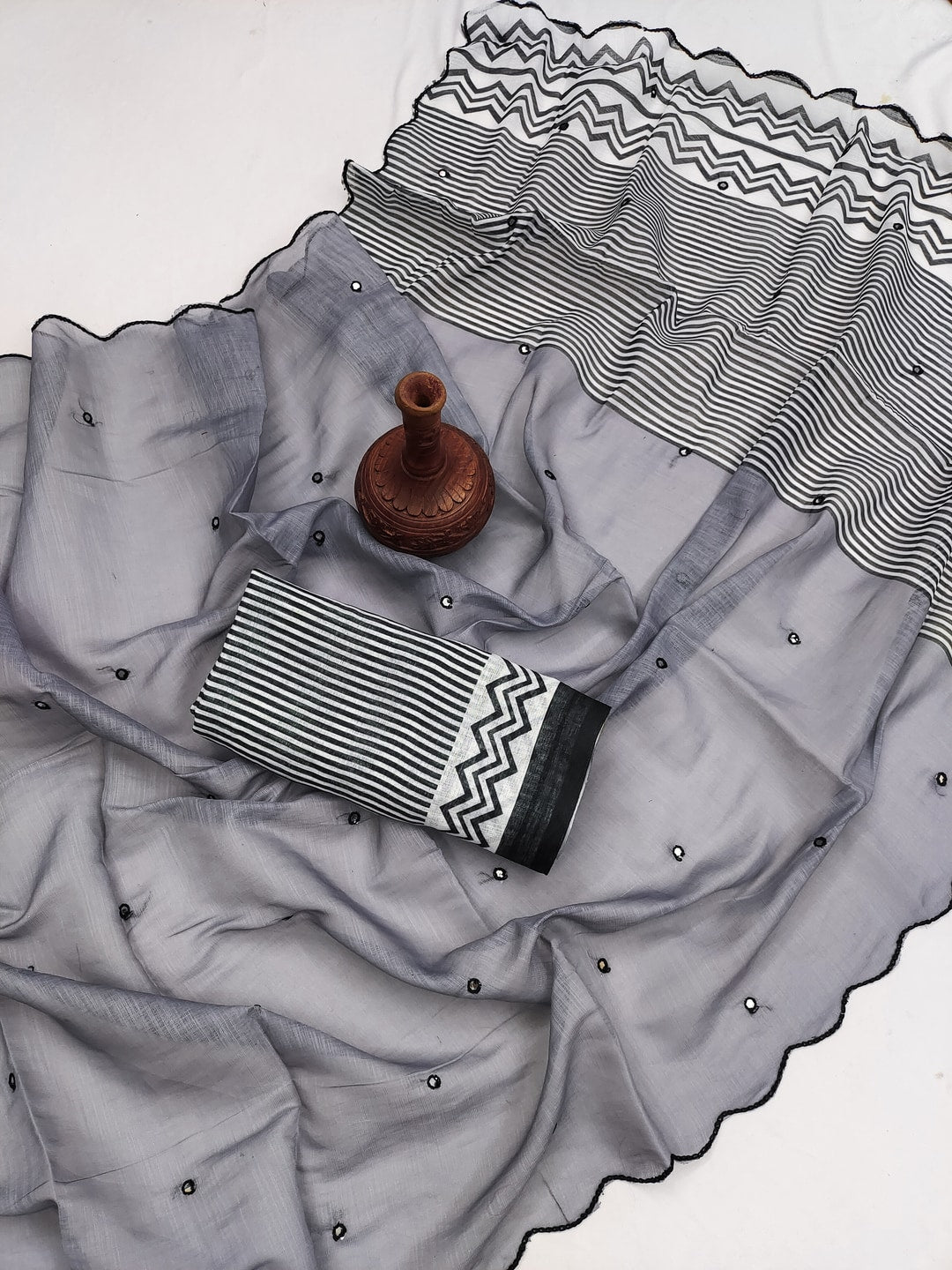 Grey Soft Linen Cotton Zigzag Mirror Work Saree - Image 3