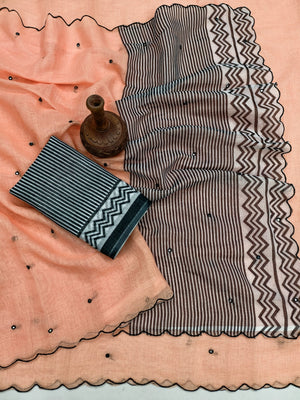 Peach Soft Linen Cotton Zigzag Mirror Work Saree - Image 2