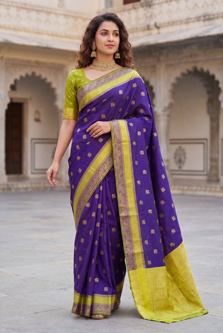 Peachmode Purple Lichi Silk Banarasi Saree - Image 1