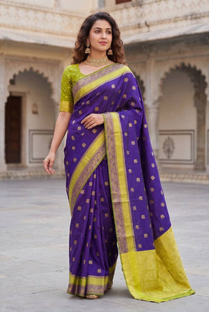 Peachmode Purple Lichi Silk Banarasi Saree - Image 1