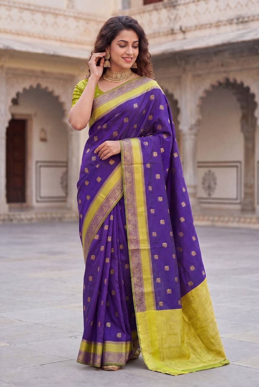 Peachmode Purple Lichi Silk Banarasi Saree - Image 3