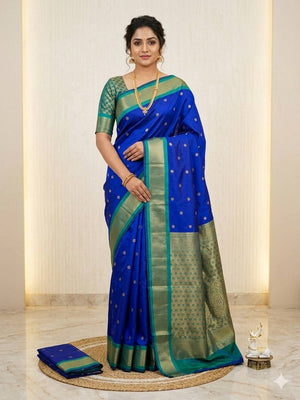 Peachmode Blue Kanjivaram Soft Silk Zari Saree - Image 1