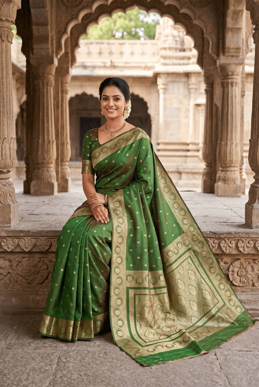 Peachmode Green Banarasi Soft Silk Zari Saree - Image 4