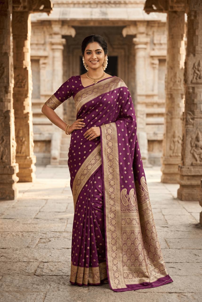Peachmode Purple Banarasi Soft Silk Zari Saree - Image 1