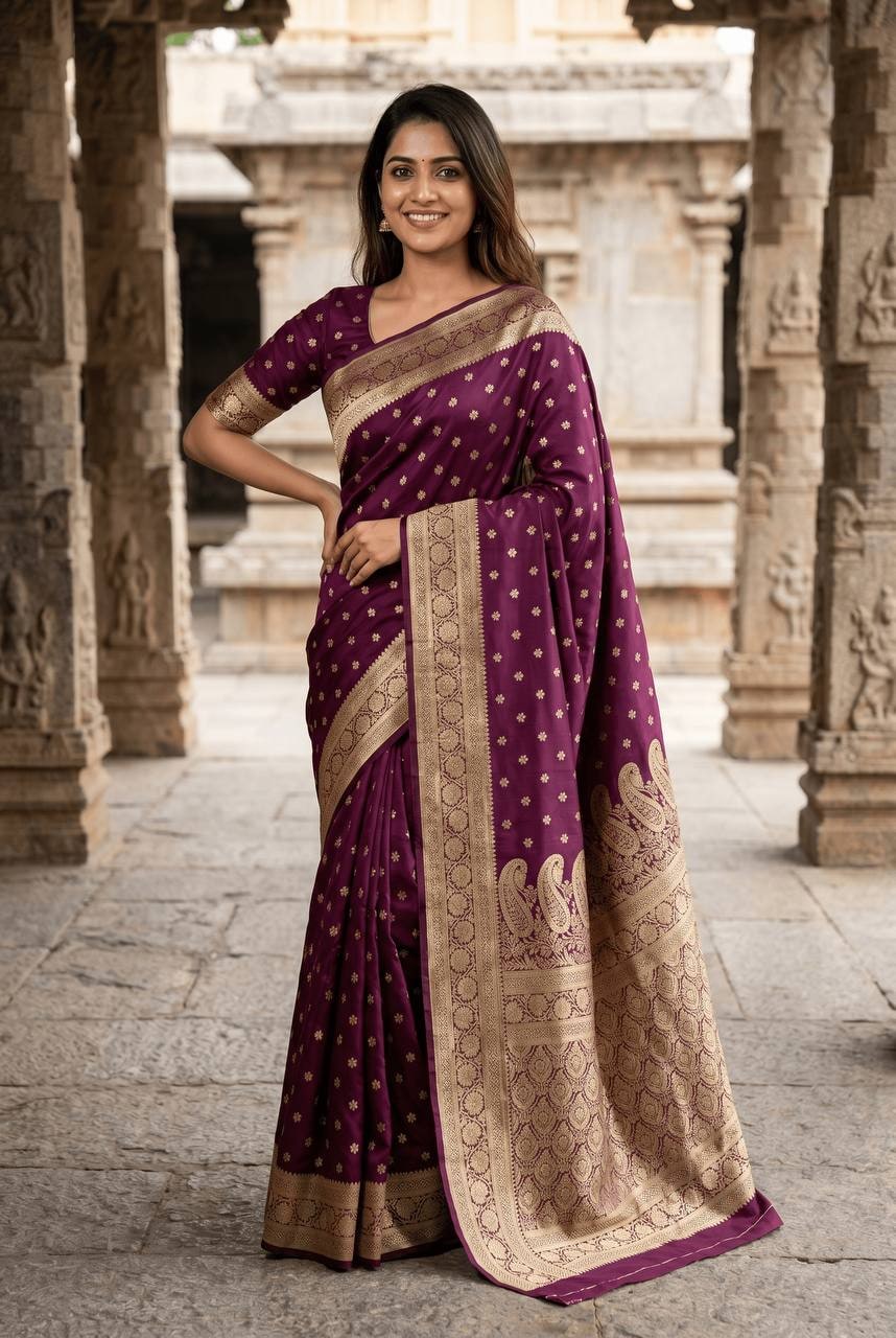 Peachmode Purple Banarasi Soft Silk Zari Saree - Image 4
